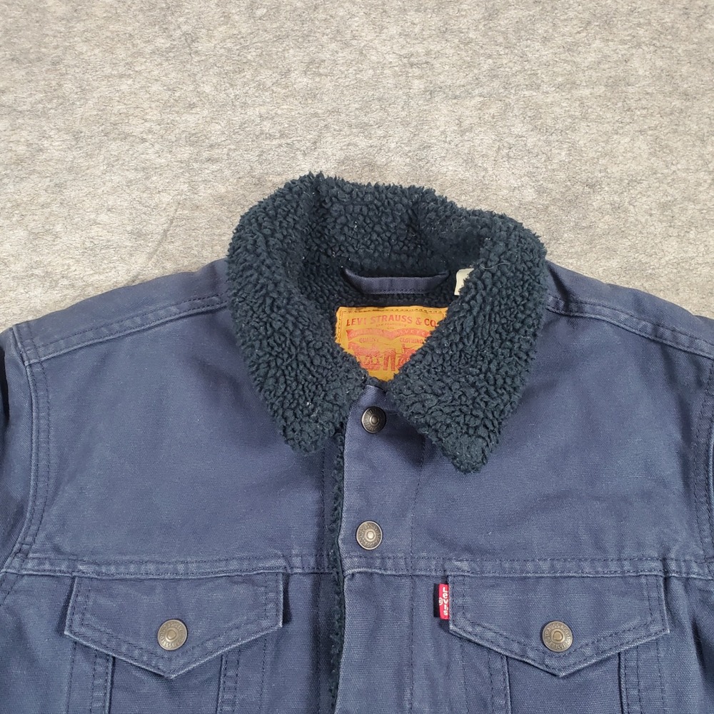 Levi's Trucker Jacket Mens Large Navy Blue Sherpa Lined Cotton Canvas Workwear - Picture 2 of 8